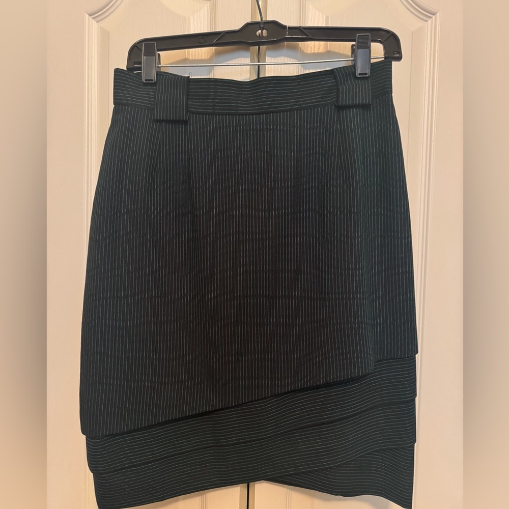 Escada Exclusive deep navy and green stripe scalloped pleated pencil skirt